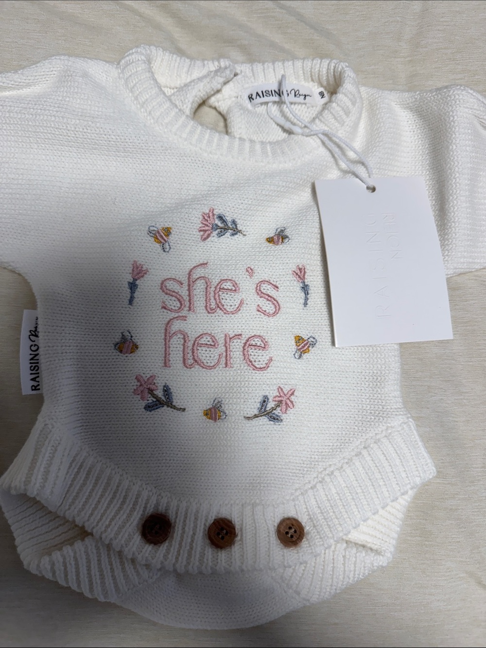 NWT Raising Reign White "She's Here" Knit Baby Sweater